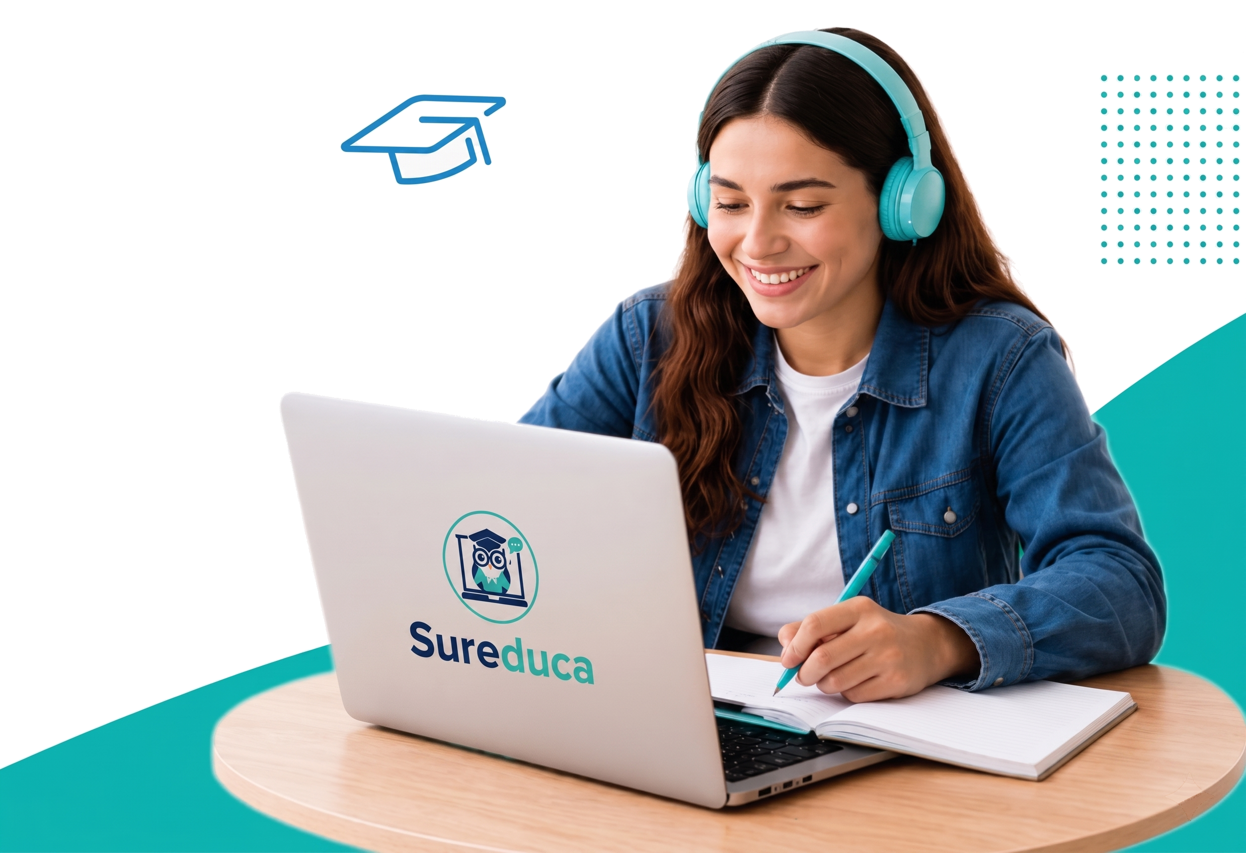 Estudiante en clases online SurEduca con laptop y audífonos